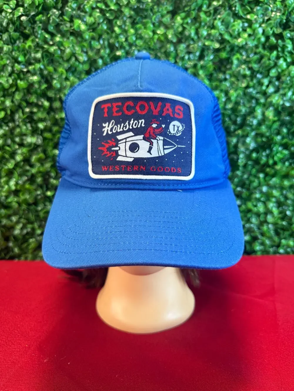 Tecovas Houston Trucker Hat Blue Cowboy Riding Rocket Mesh Snapback Cap Texas